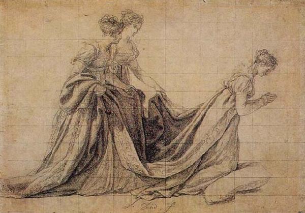 Jacques-Louis  David The Empress Josephine Kneeling with Mme de la Rochefoucauld and Mme de la Valette France oil painting art